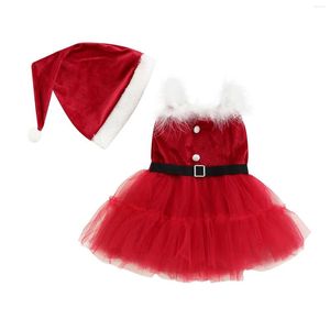 Girl Dresses Baby Girls Christmas Outfit sätter Röd ärmlös tyll lapptäcke Sling klänning Hat Xmas Matchande kläder Set 0-24 månader