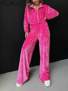 Kvinnor Tvåbitar byxor Velvet Suit Women Autumn Long Sleeve Zipper Short Jacket Lace Up Wide Ben Pocket 2 Set Solid Loose Lady Suits 231129