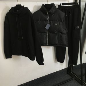 Mulheres inverno grosso três peças define moda puffer outfits designer treino para baixo colete com capuz com calças soltas mulheres luxo casual roupas quentes