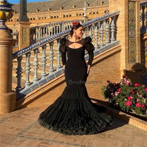 Vestido espanhol de baile de baile de flamenco preto com bolinhas Tulle Sexy sem luva longa de manga longa vestido de bandeira