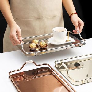 Organization Stainless Steel Rectangular Storage Tray with Handle Gold/Silver Mirror Cake Dessert Tea Coffee Serving Trays Table Decor