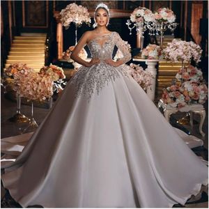 One Shoulder Plus Size Wedding Dress A-Line Cap Long Sleeves Bridal Gowns Appliques Up Back Gorgeous Lady Marriage Dresses White Ivory