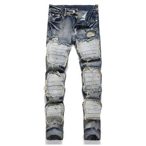 Brev broderi patch mäns jeans retro rippade hål stretch denim byxor vår höst slim-fit moto cyklist streetwear