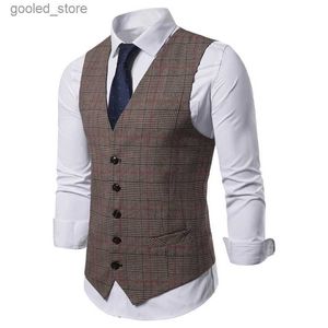 Men's Vests Men's Jacket Plaid Suit Vest Casual V-neck Waistcoat Formal Business Vest For Groomsmen Q231129