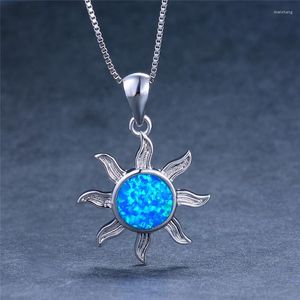 Pendant Necklaces Boho Female Sun Flower Pendants Blue Fire Opal Stone Necklace Fashion Silver Color Wedding Jewelry