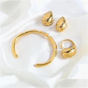 Bangle 18K Gold Gold Jewelry Kobiety ze stali nierdzewnej cyrkon Pearl Bracelets Brocing Water Drop Kolczyki Czercze pierścienie Zestaw Dh5j8