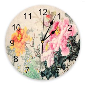 Wanduhren Blumenblätter Tuschemalerei Uhr Wohnkultur Schlafzimmer Silent Oclock Watch Digital für Kinderzimmer