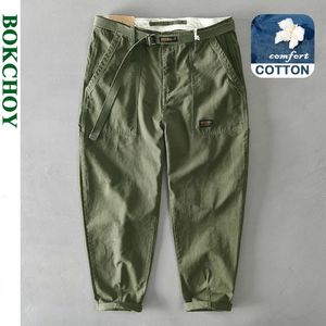 Men's Pants Autumn Winter Pure Cotton Men Cargo Pants Korean Style Male Casual Loose Belt Mid Waist Slim Fit Pencil Trouser GAZ329 Z378 231128