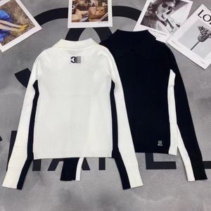 Women's New Spring and Autumn Black and White Color Blocking Slim Flip Collar Bottom Pullover Sweater