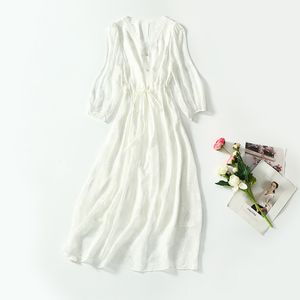 2023 Summer White Eyelash Lace Belted Silk Dress 3/4 Sleeve V-Neck Panelled Midi Casual Dresses C3A250026