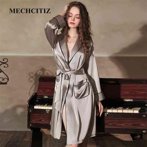 Mechcitiz Sexig Silk Satin Sleepwear BrideBridEMaid Wedding Robe Gown Solid Lace Kimono Bathrobe Women Casual Home Night Dress 210234i