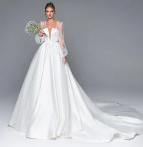 2024 A-Linie Satin Brautkleid mit langen Ärmeln Spitzenjacke Sheer Tiefer Ausschnitt Brautkleider Sweep Zug Vestidos De Novia