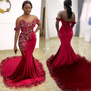 Aso Ebi Burgundry Prom Dress African Arabic Mermaid Off Shoulder Appliqued Evening Dresses Second Reception Pageant Gowns Beaded Engagement Nigeria Gown ST509