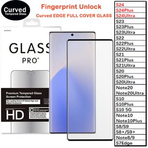S23 Ultra gebogener Handy-Displayschutz aus gehärtetem Glas für Samsung Galaxy S22 S21 S20 S10 S8 S9 Note20 Plus Fingerabdruck-Entriegelungsglas in Einzelhandelsverpackung
