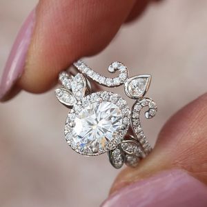 Newly Designed 2Pcs/Set Cubic Zirconia Rings for Women Aesthetic Flower Bridal Wedding Party Accessories Fashion Jewelry