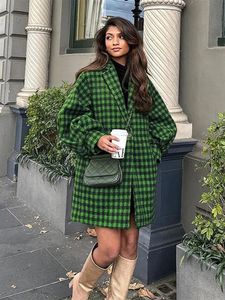 Jaquetas femininas verde xadrez lanterna manga lapela casaco de lã outono inverno vintage solto longo casaco moda casual rua outerwear 231129