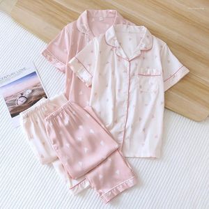 Women's Sleepwear Printed Love Women Spring Summer Ice Silk Pajamas Two-piece Short-sleeved Thin Homewear Suit