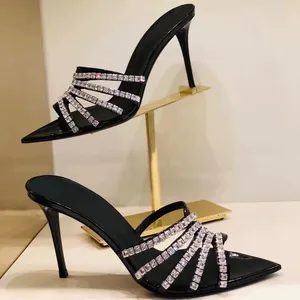 Slippers Pointed Open Toe Rhinestone Strappy Sandals French Style Stiletto Sexy Black Women Banquet Catwalk High Heels Sandalias