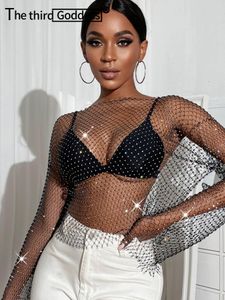 Tanks Sexy see through mesh Rhinestone tank top women summer shiny club party crop top long sleeve beach cover up fishnet tops t shirt