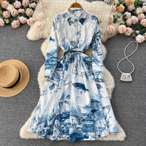 Casual Dresses 2023 Runway Fashion Spring Summer Retro Print Shirt Dresses for Women Long Sleeve Single Breasted Vintage Holiday Vestidos Blue