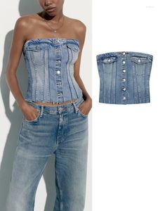 Tanques femininos espartilho denim topo mulher azul colheita mulheres fora do ombro tubo topos 2023 streetwear sexy sem costas bustier feminino