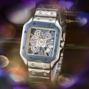 Popular Square Hollow Skeleton Dial Automatic Date Men Watches Luxury Fashion Mens Full Stainless Steel Band Quartz Movement Clock Two Pins Leisure Wristwatch
