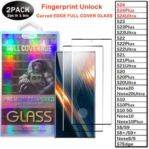 2 pakiet S23 Ultra zakrzywiony szklany szklany ochraniacz ekranu dla Samsung Galaxy S23 S22 S21 Ultra S20 S10 Plus Note20 S8 Note8 Note8 Ublokowanie odcisku palca pełnego okładki
