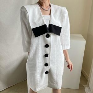 Casual Dresses Summer French Navy Collar Black and White Hit Color Single-Breasted Loose Seven-Point Puff Sleeve Dress