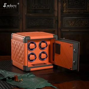 Titta på lådor Fall Embers Luxury Leather Mini Watch Winder Safe Box Orange Black Watch Storage Box 4 Slots Safe Deposit Box With Atmosphere Lamp 231128