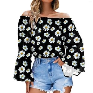 Kvinnors blusar från axeln skörd topp lös kvinnor sommar lång klocka ärm blommor mönster tryck överdimensionerad pullover ruched blusas