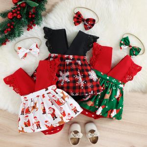 Macacão infantil roupas infantis europeias e americanas roupas de natal neve dos desenhos animados impressão saia triângulo macacão 231129