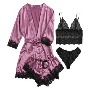 Sexy Set Women s Pajamas Satin 4 piece Lace Silk Suspender Tops Shorts Robe Nightgown Underwear Nightdress Suit 231129