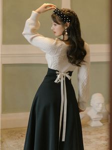 Two Piece Dress Winter Women Set Vintage White Long Sleeve Pullover Sweater Black Bandage Maxi Skirt Suit Elegant Lady Outfits 230428