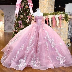 ピンクの光沢のあるショルダーショートスリーブフローラルアップリケレースビーズQuinceanera Dress Puffy Skirt Quinceanera Vestidos de 15 Anos