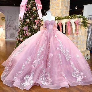 Pembe parlak omuz kısa kollu çiçek aplike dantel boncuklar quinceanera elbise kabarık etek quinceanera vestidos de 15 anos