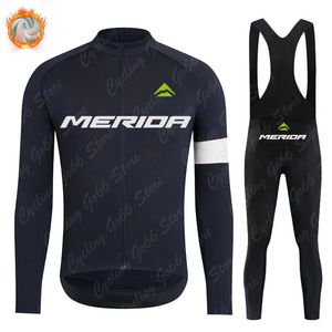 Cykeltröja sätter 2024 Merida Winter Bicycle Clothing Thermal Fleece Set Long Sleeve Road Bike Shirt Jackets Bib Tights 231128