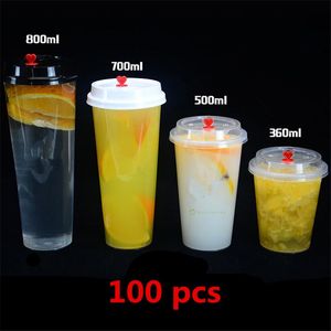 Tools 100 pcs Disposable Transparent Plastic Cup Juice Cups Cold Drinks Takeaway Packaging (with Dome Lid) bubble tea coffee cup PVC