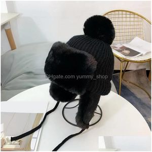 Beanie / Skull Caps Beanie / Skl 2022 Inverno Russo Bomber Chapéus para Mulheres Homens Ao Ar Livre Chapéu de Neve Quente com Pompom de Pele À Prova de Vento Lã Ea Dhwbv