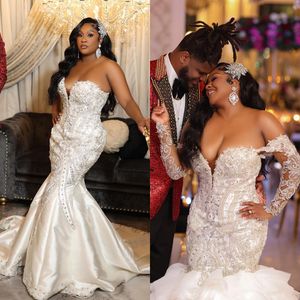 Beading Lace Elegant Mermaid Off Shoulder Sequined Wedding Gowns Ruffles Train Bridal Dress Vestidos De Novia