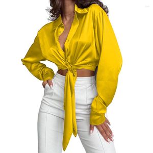 Kobiet Polos Kobiet Button Down Crop Shirt Summer Seksowne Śliczne długie rękawie Bowknot Hem Bluzka AM5070