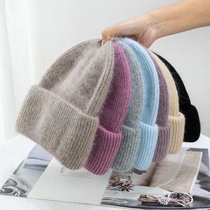 Cappelli a tesa larga Secchiello Moda Caldo Cashmere Lana Skullies Pelliccia di coniglio Angola Berretto invernale lavorato a maglia Berretto da donna Tre pieghe Sci all'aperto 231128