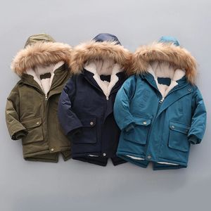 재킷 2 3 4 5 6 7 년 겨울 보이즈 재킷 바람발기 따뜻한 두껍게 껍질을 두껍게하는 모피 칼라 여자 코트 후드 아동 S 아우터웨어 아이의 옷 231128