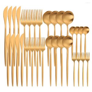 Dinnerware Sets Gold Matte Cutlery Conjunto de 32pcs Aço inoxidável Facções de colheres de mesa de ouro ocidental