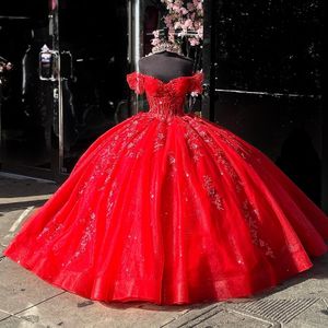 Красные блестящие платья Quinceanera с открытыми плечами, милые принцессы для девочек 16 лет, платья для дня рождения, аппликации, кружевные бусины, Vestidos De 15