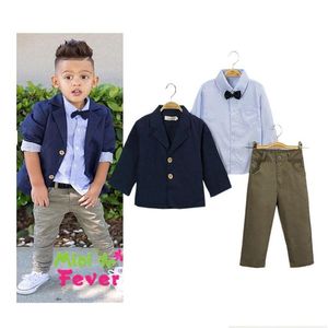 Set di abbigliamento Set di abbigliamento per bambini per bambini Blazer da uomo per bambini Completo Bowknot Camicia a righe con bottoni Pantaloni Jeans Fibbia a fila singola Cerniera Po Dhj42