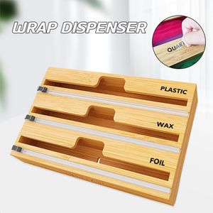 Organization 2/3 Layers Bamboo Wood Wrap Dispenser Storage Box Aluminum Foil/Wax Paper Dispensers With Cutter Kitchen Tool Accessories