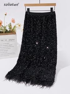 Black Feather Sequined Women Skirts Skirt Fall Winter Party Hip Slim Festival Female Chic Bottoms C214 231129