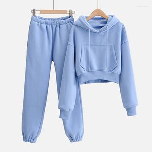 Frauen zweiteilige Hosen Herbst Fleece Taschen Set 2 Stück Sets mit Kapuze Kordelzug Langarm weibliche Hoodies Anzug Winter Damen