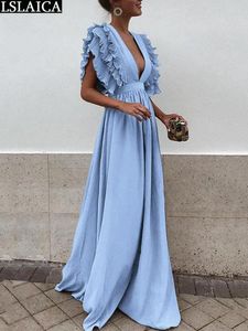 Casual Dresses Deep V Neck Formal For Women 2023 Elegant Big Swing Ruffles Sleeve Summer Holiday Evening Long Dress Sexig Clubwear