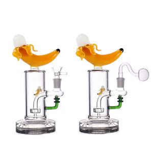Unique Bong Glass Bongs 14mm Female Joint Water Pipes 7 Inch Banana Shape Ash Catcher Hookahs Inline Matrix Showerhead Perc with Glass Oil Burner Pipe and Bowl